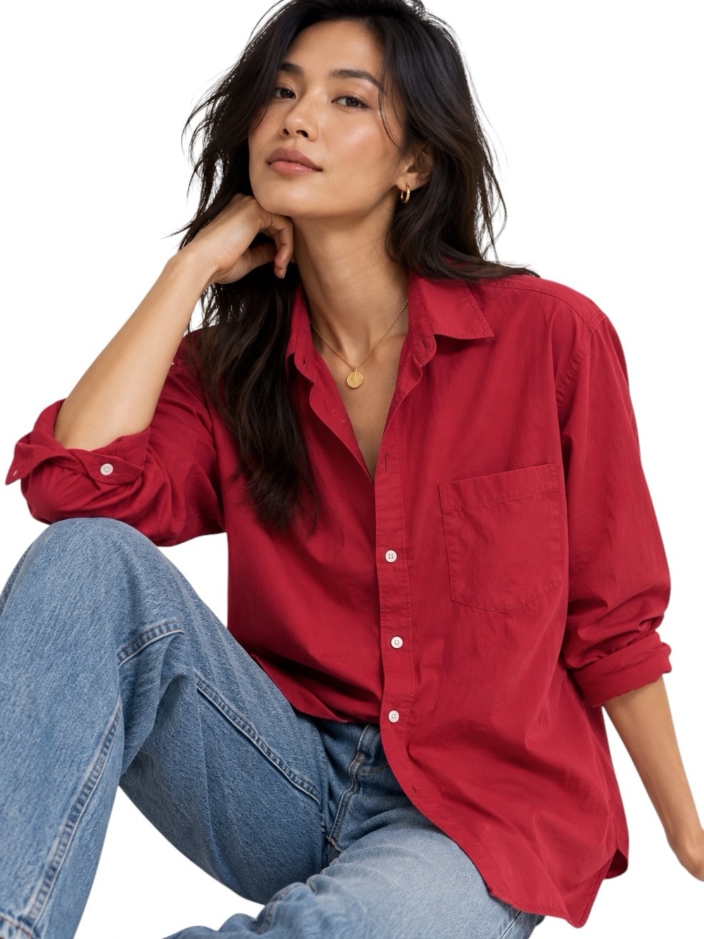 FRANK & EILEEN Joedy Cotton Boyfriend Button-Up Shirt Red Women’s Size Small